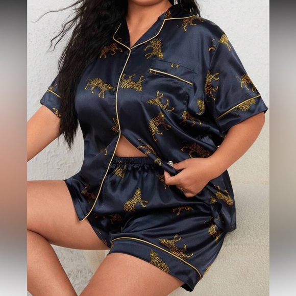 SHEIN Other - SHEIN Navy Satin Pajama Set with Gold Leopard Design